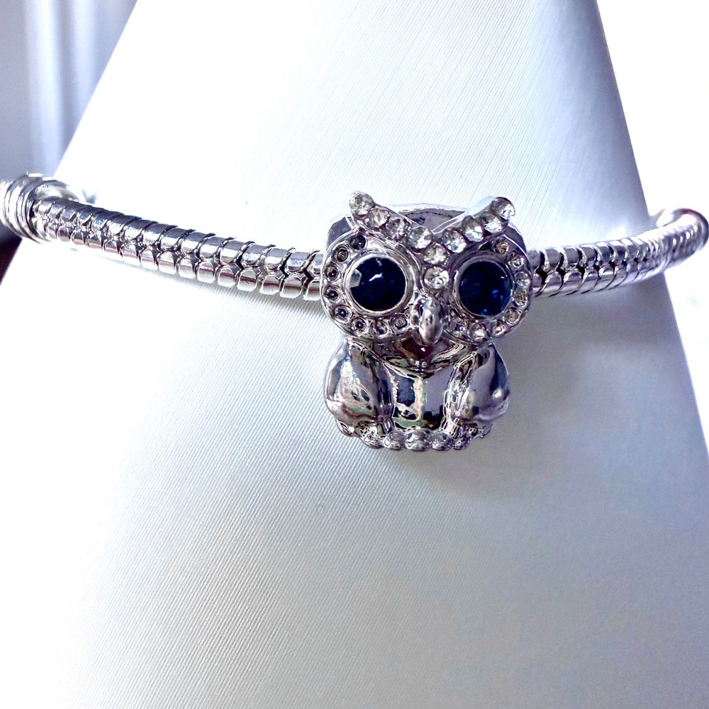 Silver Owl Bead Charm Fits Snake Chain Bracelet Crystal Blue Eyes Wise Bird